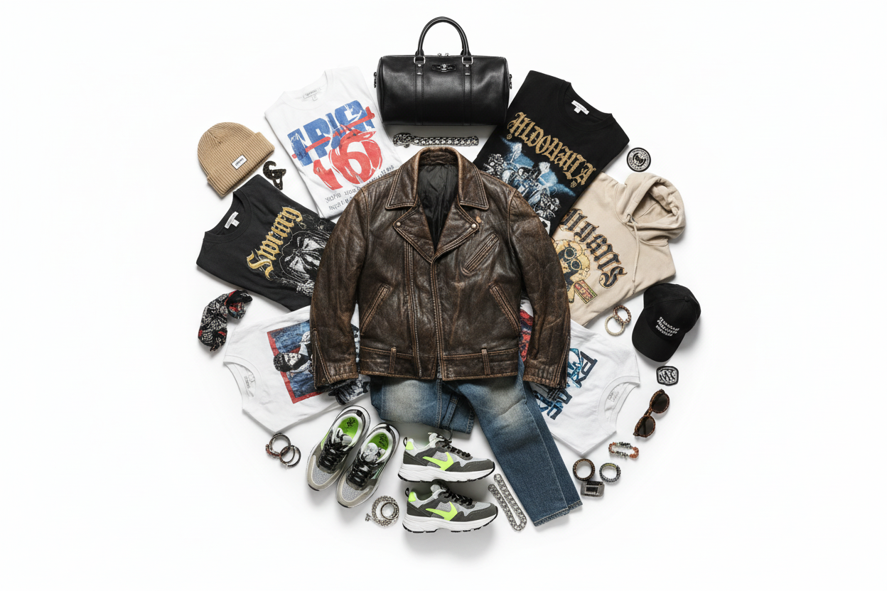 Streetwear flat lay spread out with white background